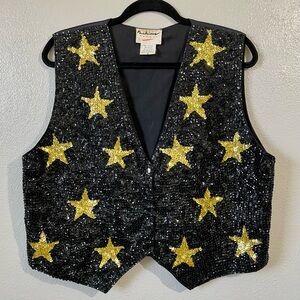 Vintage Fashion Fantacy Black Star Sequin Vest Medium Snap Close Party Top Retro